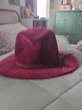 C&C California Raspberry Wide-Brim Fedora with Brown Leather Trim
